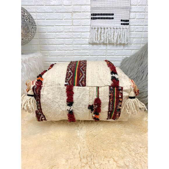 Handmade Moroccan Berber Kilim Pouf: Tassel Floor Pillow 03YS00143 - Picture 5 of 8